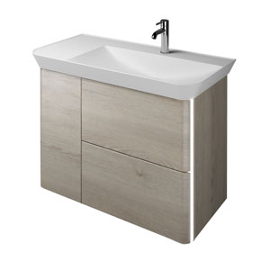 Ausführung Waschtisch mit Unterschrank: Mulde rechts, Türanschlag rechts, mit LED-Griffleistenbel.