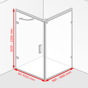 Breite / Tiefe / Höhe: bis 1020 mm / 1101 - 1600 mm / 2001 - 2200 mm