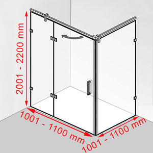 Breite / Tiefe / Höhe: 1001 - 1100 mm / 1001 - 1100 mm / 2001 - 2200 mm
