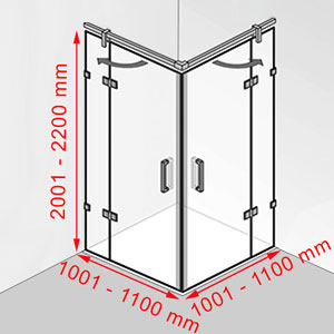 Breite / Tiefe / Höhe: 1001 - 1100 mm / 1001 - 1100 mm / 2001 - 2200 mm