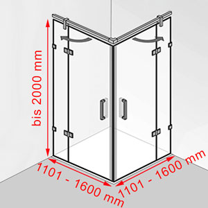 Breite / Tiefe / Höhe: 1101 - 1600 mm / 1101 - 1600 mm / bis 2000 mm