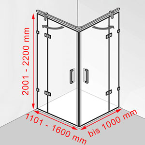 Breite / Tiefe / Höhe: 1101 - 1600 mm / bis 1000 mm / 2001 - 2200 mm