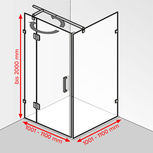 Breite / Tiefe / Höhe: 1001 - 1100 mm / 1001 - 1100 mm / bis 2000 mm