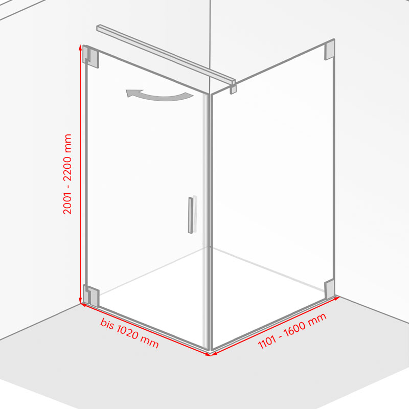 Breite / Tiefe / Höhe: bis 1020 mm / 1101 - 1600 mm / 2001 - 2200 mm