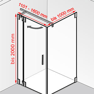 Breite / Tiefe / Höhe: 1101 - 1600 mm / bis 1000 mm / bis 2000 mm