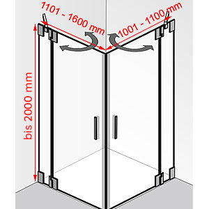 Breite / Tiefe / Höhe: 1101 - 1600 mm / 1001 - 1100 mm / bis 2000 mm