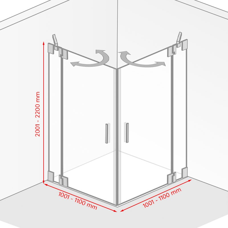 Breite / Tiefe / Höhe: 1001 - 1100 mm / 1001 - 1100 mm / 2001 - 2200 mm