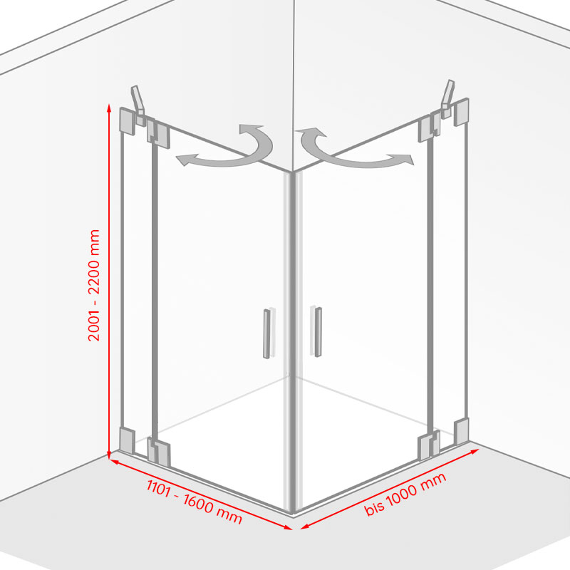 Breite / Tiefe / Höhe: 1101 - 1600 mm / bis 1000 / 2001 - 2200 mm