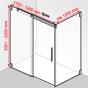 Breite / Tiefe / Höhe: 1150 - 1200 mm / bis 1200 mm / 2001 - 2200 mm