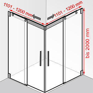 Breite / Tiefe / Höhe: 1101 - 1200 mm / 1101 - 1200 mm / bis 2000 mm