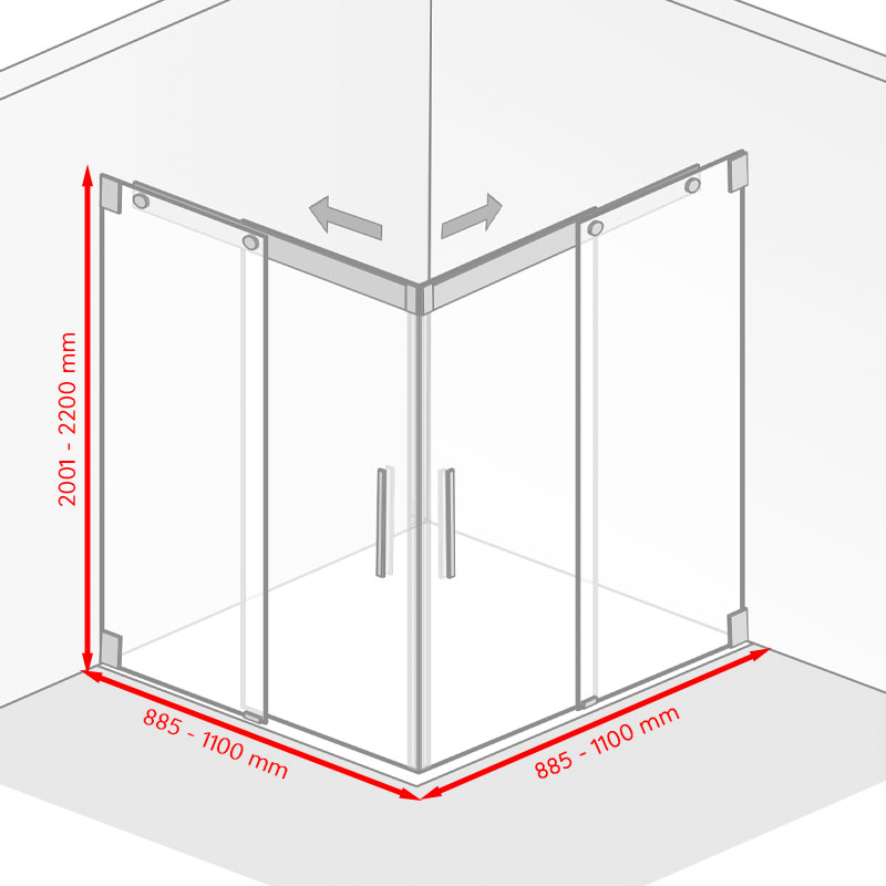 Breite / Tiefe / Höhe: 885 - 1100 mm / 885 - 1100 mm / 2001 - 2200 mm