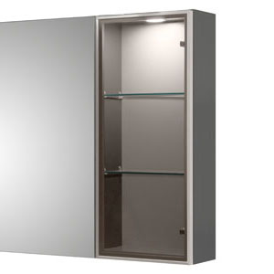 Ausführung Ergänzungsschrank: Vitrine und Türanschlag rechts, getönte silberne Glastür